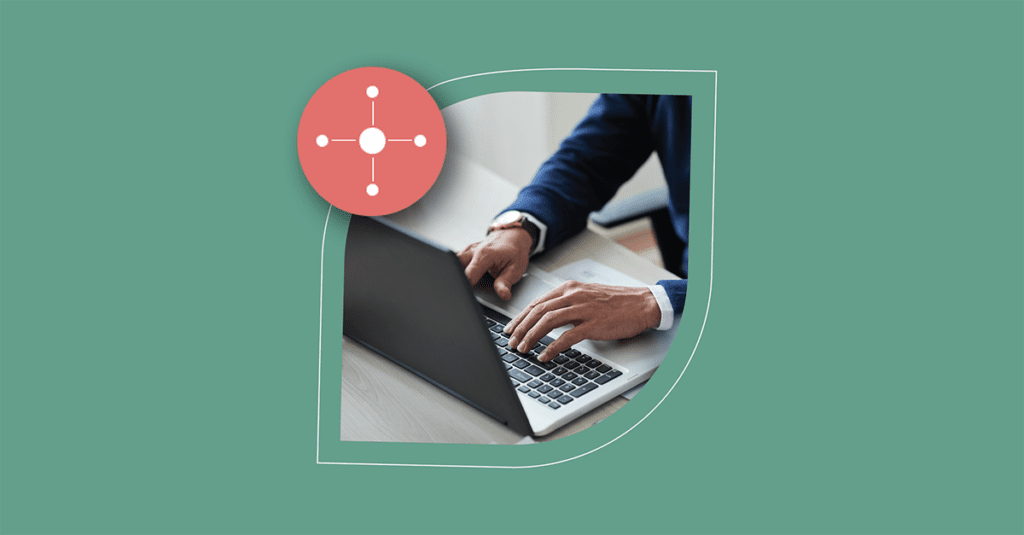 A person using ITSM tools on a laptop, with graphic icons showing network connections, set on a green background. - SysAid