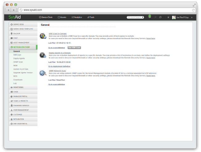 Screenshot of the sysaid general desk interface showing various it service management options.