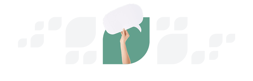 Graphic of a hand holding a blank speech bubble against a striped background, suggesting AI Service Desk communication or dialogue.