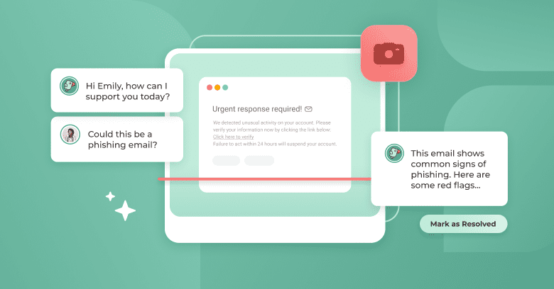 Illustration of a chat interface delving into phishing emails, enhanced by image analysis to highlight telltale signs and showcase a resolved status. - SysAid
